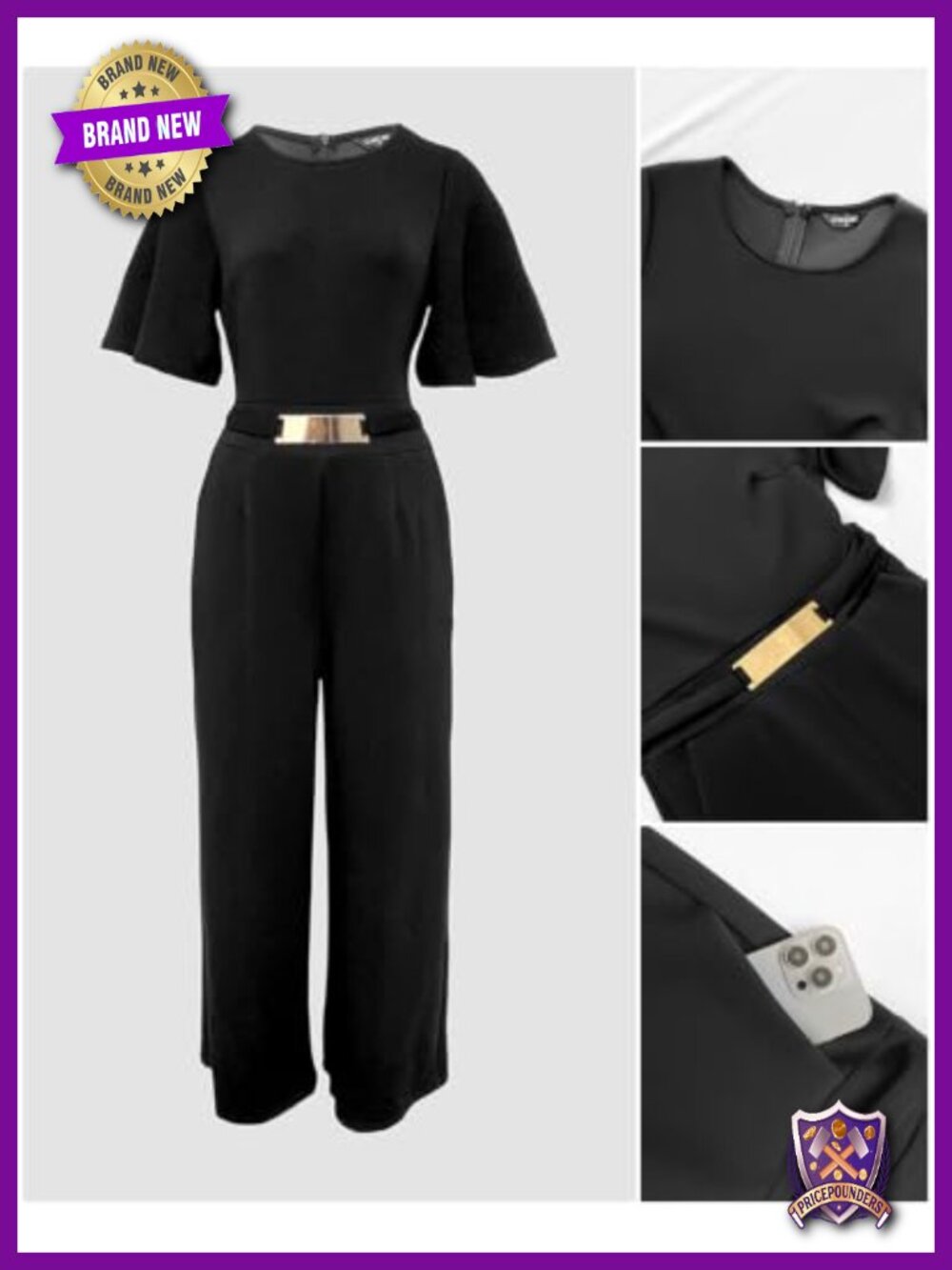 Women's Wide Leg Jumpsuit Short Sleeve Flutter Sleeve Metal Waist Detail Side - Picture 5 of 6